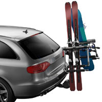 Thule Tram Hitch Ski Carrier mounted and loaded with skis and snowboards